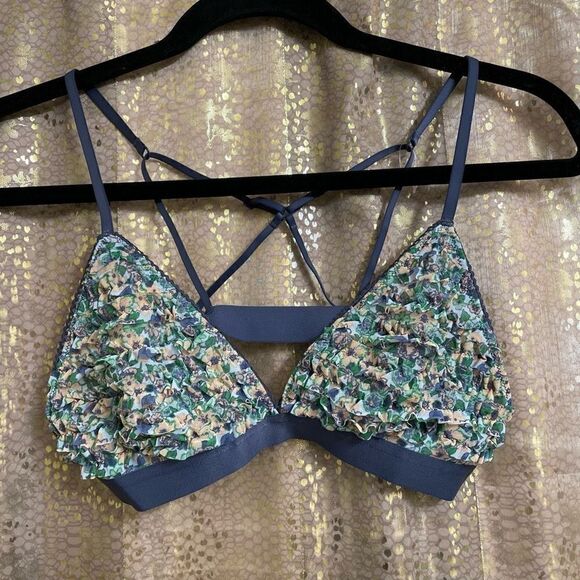 Aerie blue mesh ruffle strappy triangle bralette M, NWOT - Picture 1 of 6